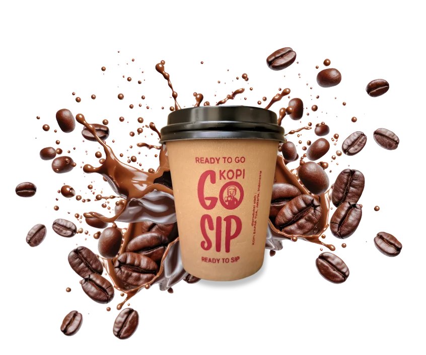 go-sip coffee cup with splashes of coffee beans on a white background