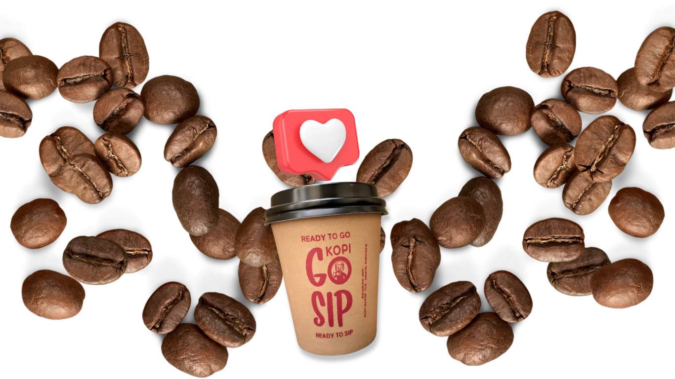 coffee beans and a go-sip coffee cup in the shape of a heart