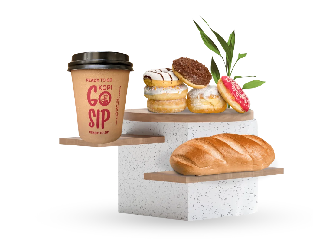 a cup of coffee, donuts and bread on a shelf